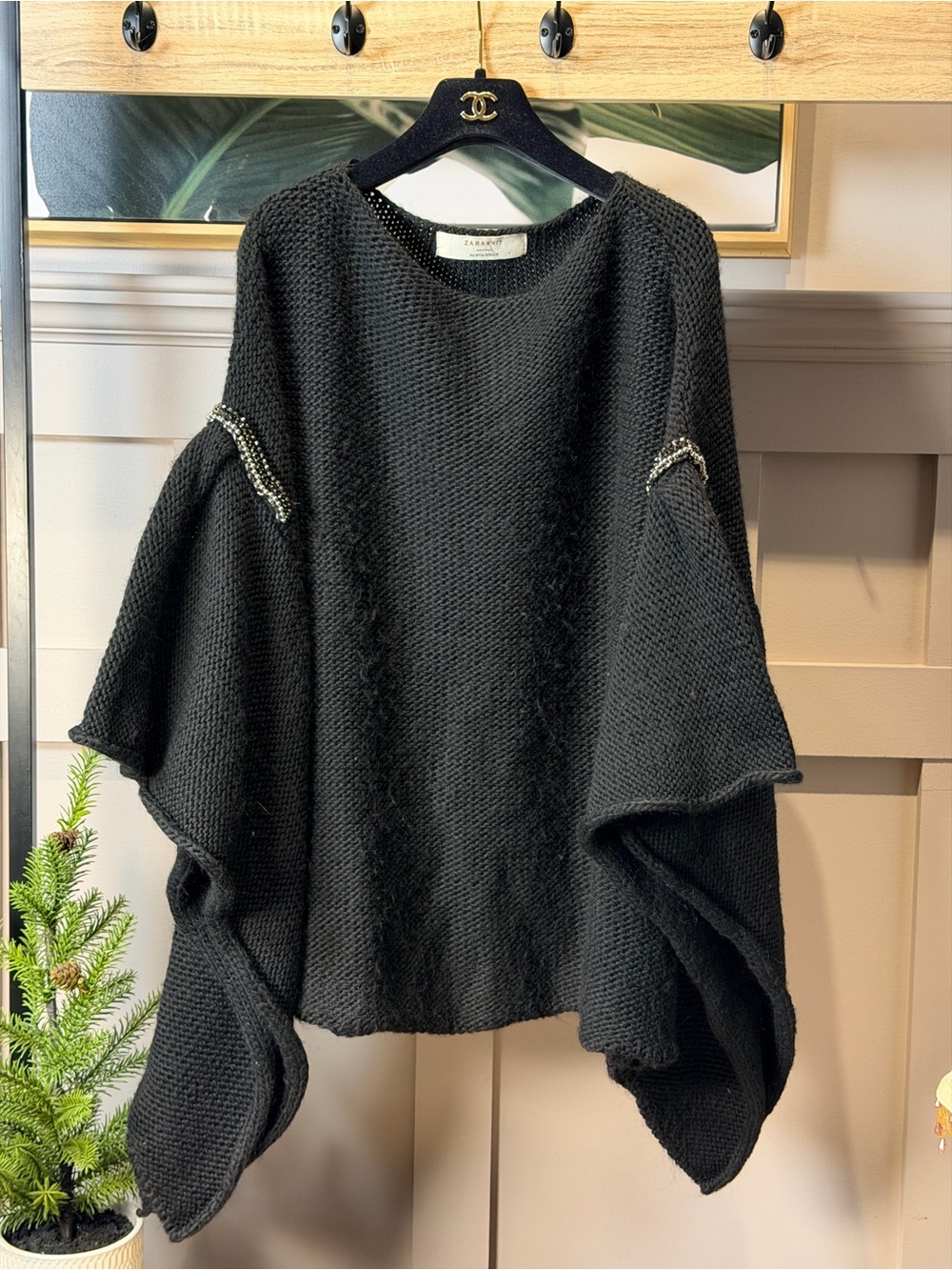 ZARA Wool Blend Knit Embellished Sequin Cape Poncho Jumper Black M